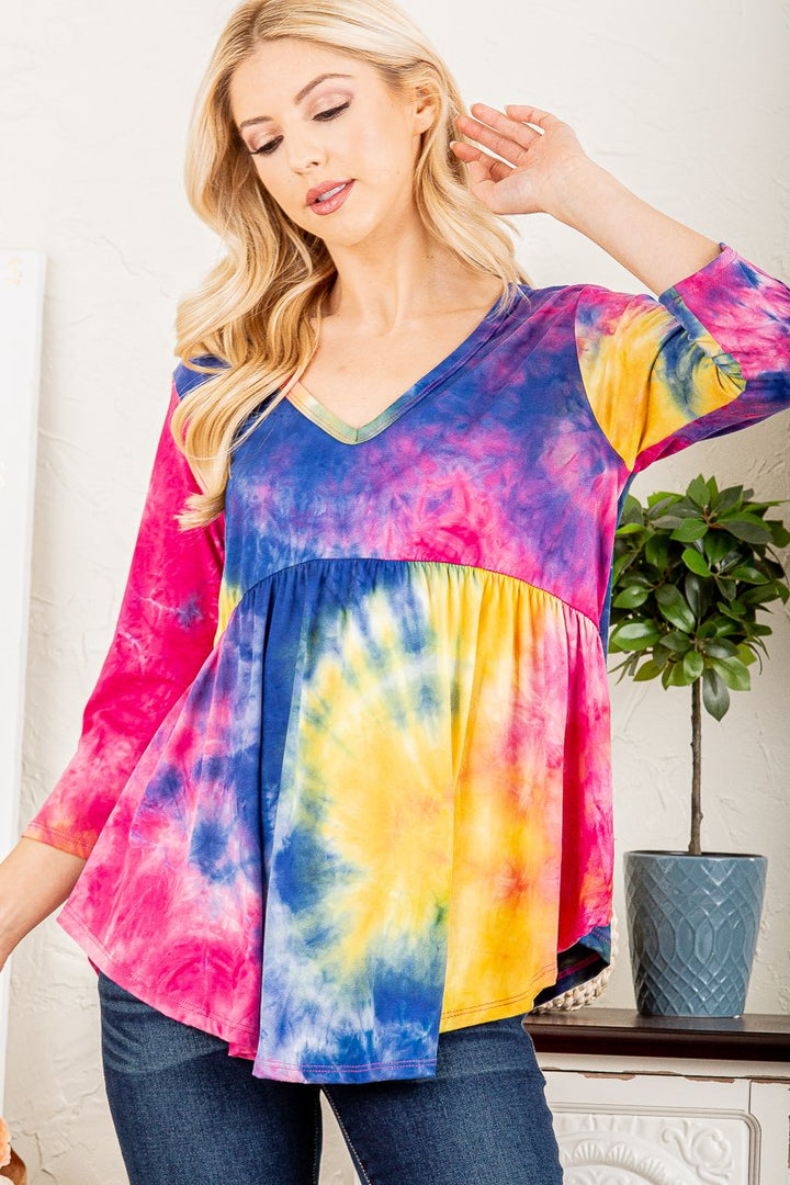 FUCHSIA MARBLE 3/4 SLEEVES BABYDOLL TOP