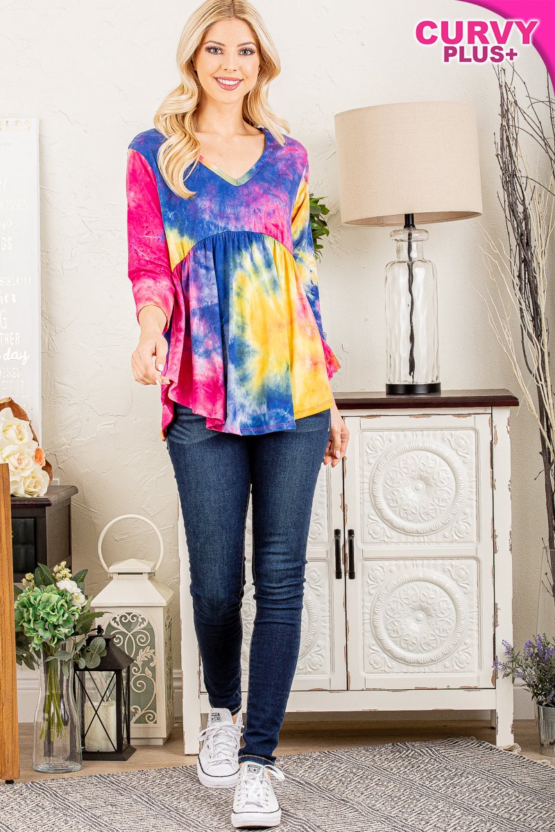 FUCHSIA MARBLE 3/4 SLEEVES BABYDOLL PLUS SIZE TOP