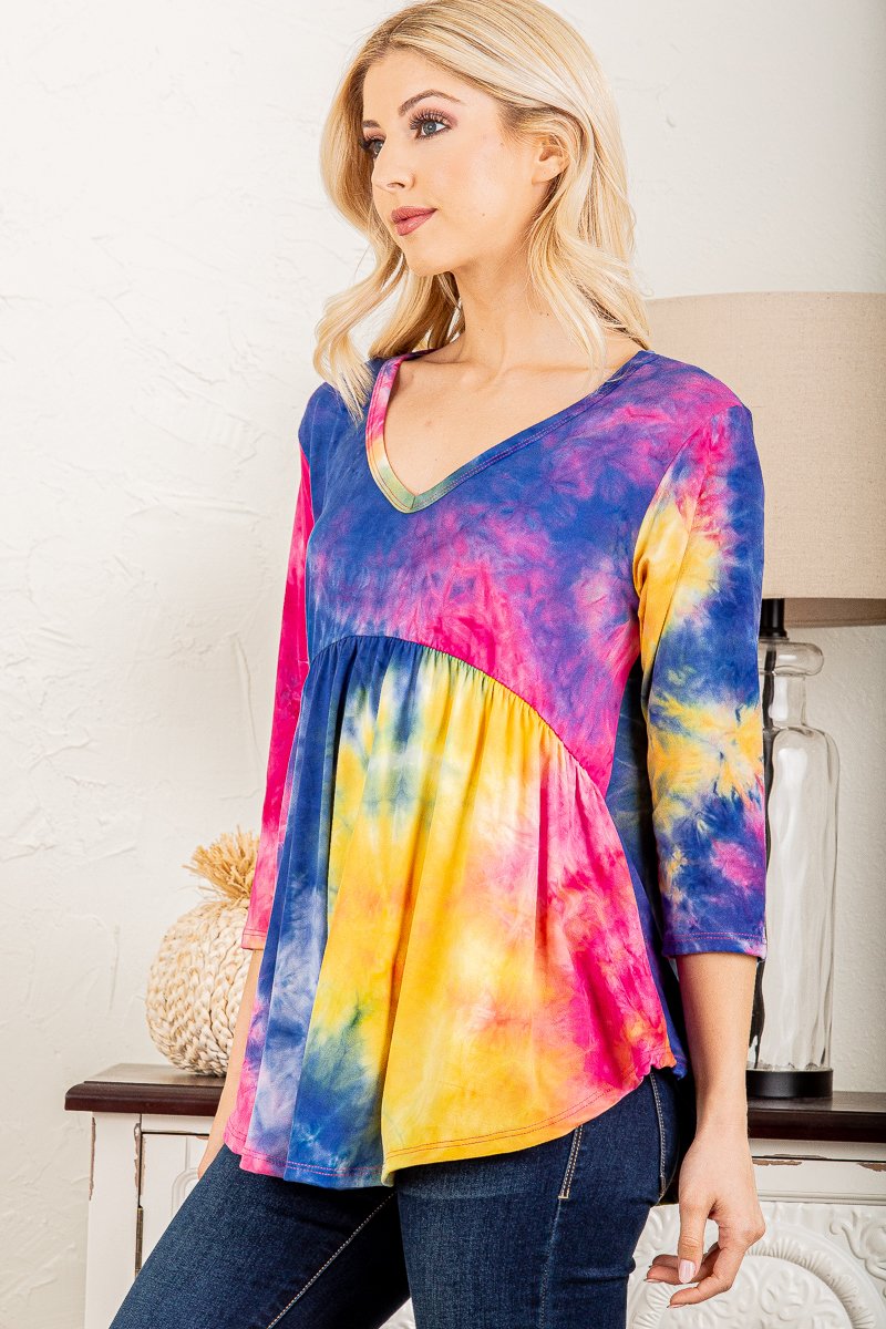 FUCHSIA MARBLE 3/4 SLEEVES BABYDOLL TOP