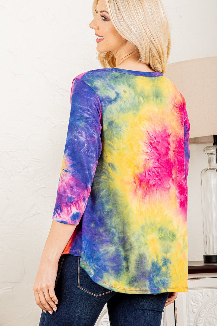 FUCHSIA MARBLE 3/4 SLEEVES BABYDOLL TOP