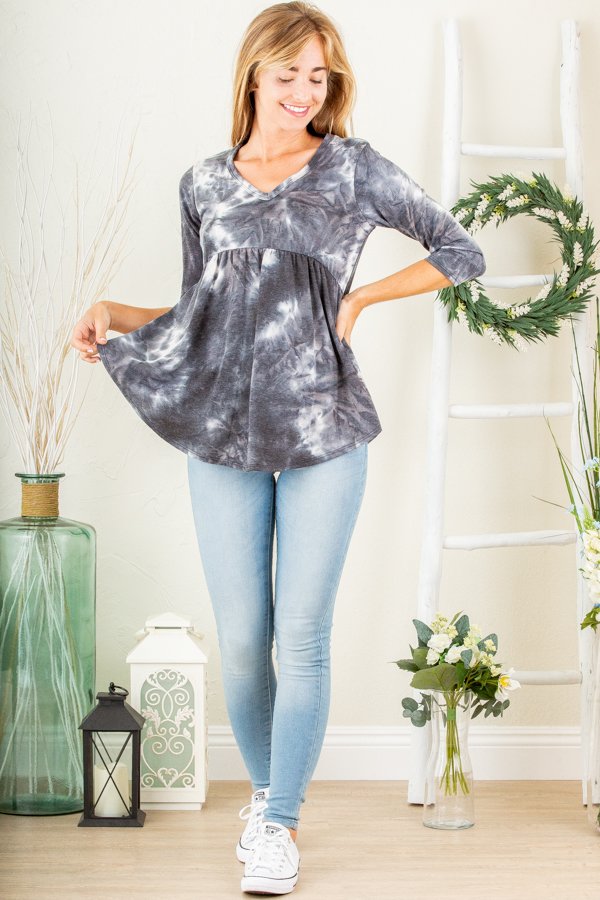 BLACK MARBLE 3/4 SLEEVES BABYDOLL TOP