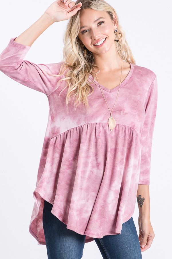 BURGUNDY MARBLE 3/4 SLEEVES BABYDOLL TOP