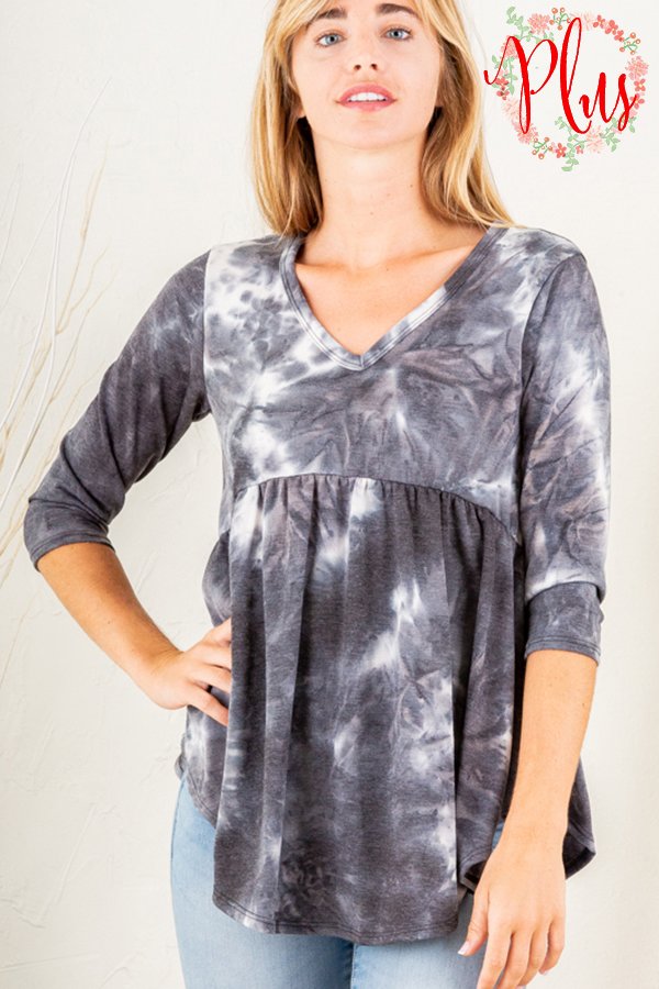 BLACK MARBLE 3/4 SLEEVES BABYDOLL PLUS SIZE TOP
