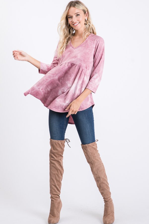 BURGUNDY MARBLE 3/4 SLEEVES BABYDOLL TOP