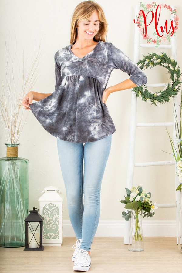 BLACK MARBLE 3/4 SLEEVES BABYDOLL PLUS SIZE TOP