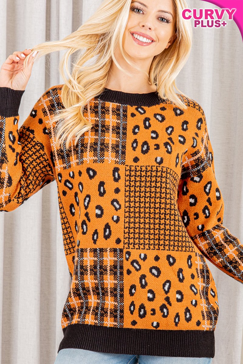 GINGER MULTI PRINT ROUND NECK LONG SLEEVES PLUS SIZE SWEATER HMWT1022L-PLUS