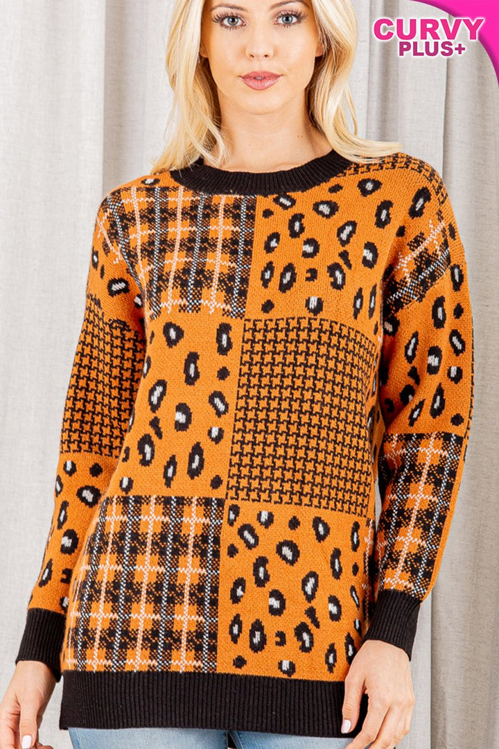 GINGER MULTI PRINT ROUND NECK LONG SLEEVES PLUS SIZE SWEATER HMWT1022L-PLUS