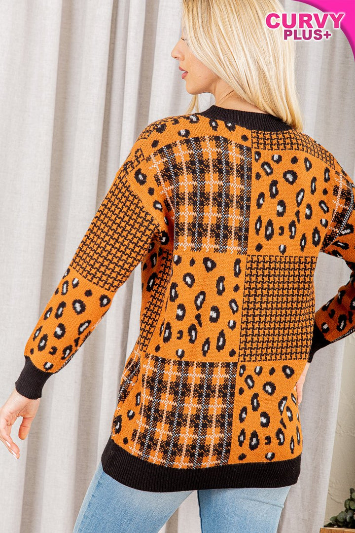 GINGER MULTI PRINT ROUND NECK LONG SLEEVES PLUS SIZE SWEATER HMWT1022L-PLUS