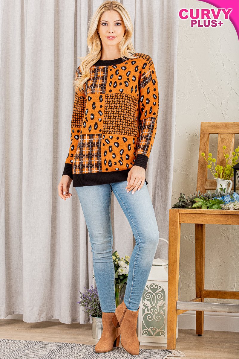 GINGER MULTI PRINT ROUND NECK LONG SLEEVES PLUS SIZE SWEATER HMWT1022L-PLUS