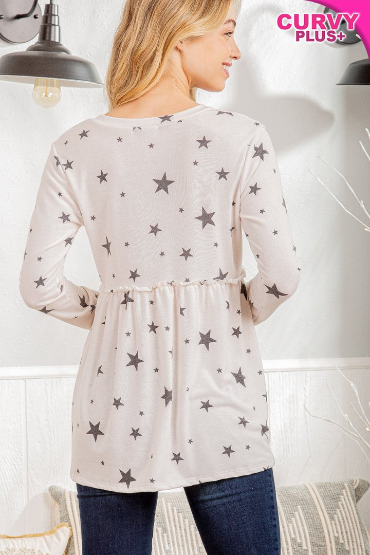 LONG SLEEVE V NECK STAR PRINT TOP WITH RUFFLED DETAIL PLUS SIZE