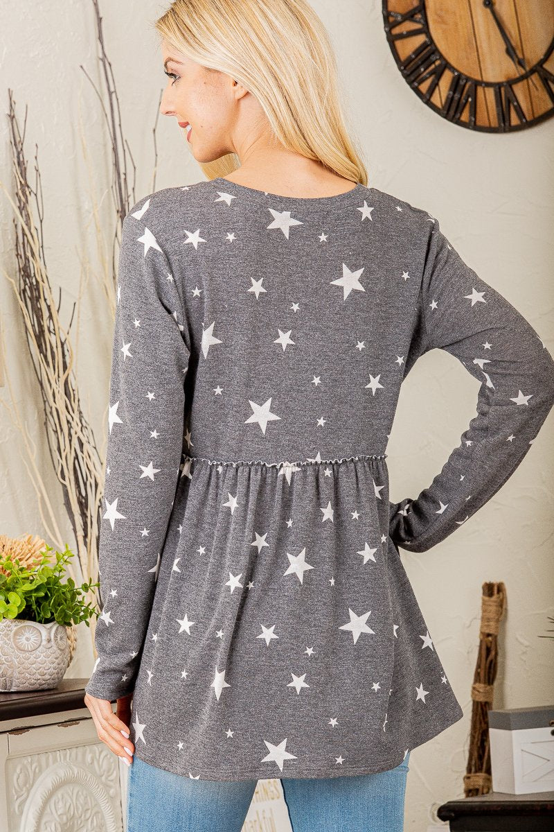 LONG SLEEVE V NECK STAR PRINT TOP WITH RUFFLED DETAIL