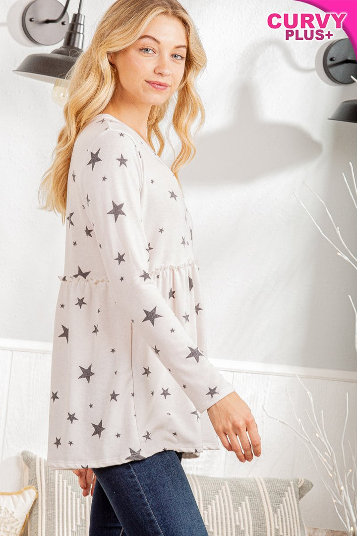LONG SLEEVE V NECK STAR PRINT TOP WITH RUFFLED DETAIL PLUS SIZE
