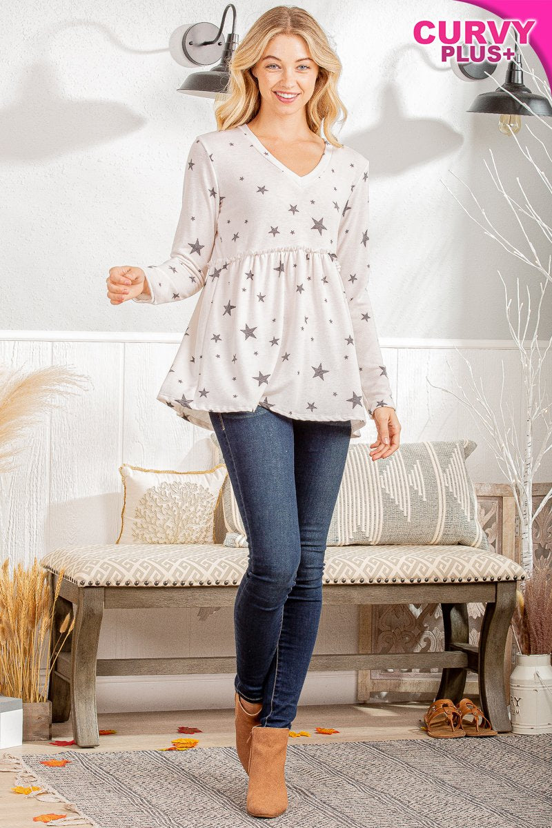LONG SLEEVE V NECK STAR PRINT TOP WITH RUFFLED DETAIL PLUS SIZE