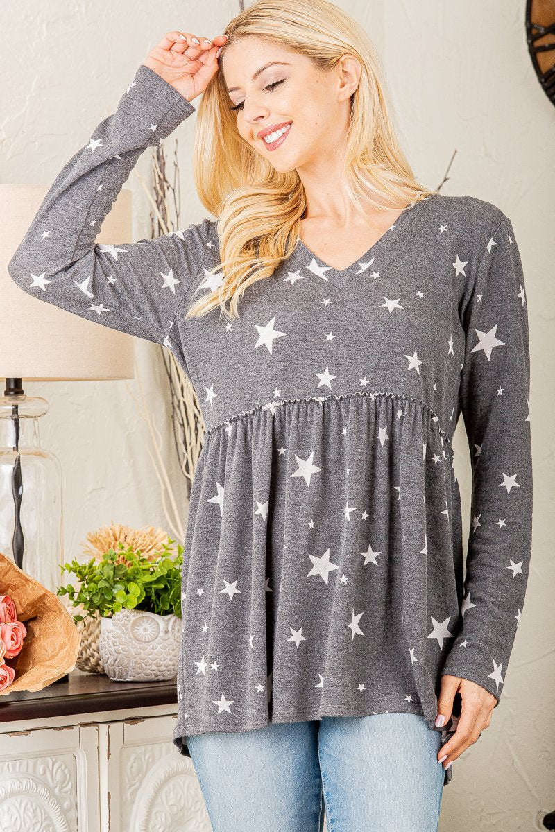 LONG SLEEVE V NECK STAR PRINT TOP WITH RUFFLED DETAIL