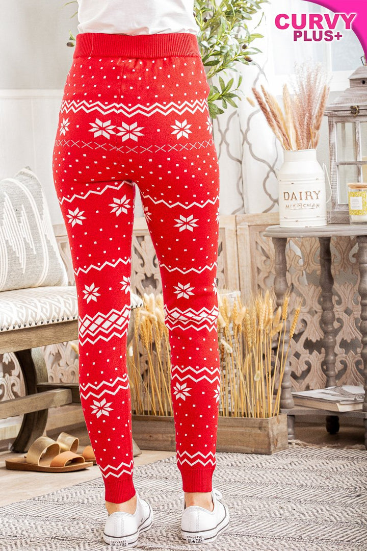 RED CHRISTMAS SNOWFLAKE PRINT PLUS SIZE KNIT PANTS WP1001L-PLUS