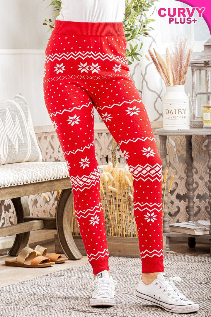 RED CHRISTMAS SNOWFLAKE PRINT PLUS SIZE KNIT PANTS WP1001L-PLUS
