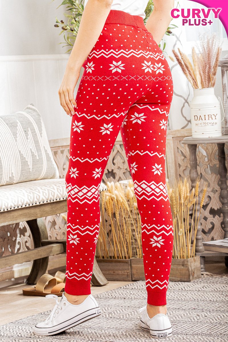 RED CHRISTMAS SNOWFLAKE PRINT PLUS SIZE KNIT PANTS WP1001L-PLUS