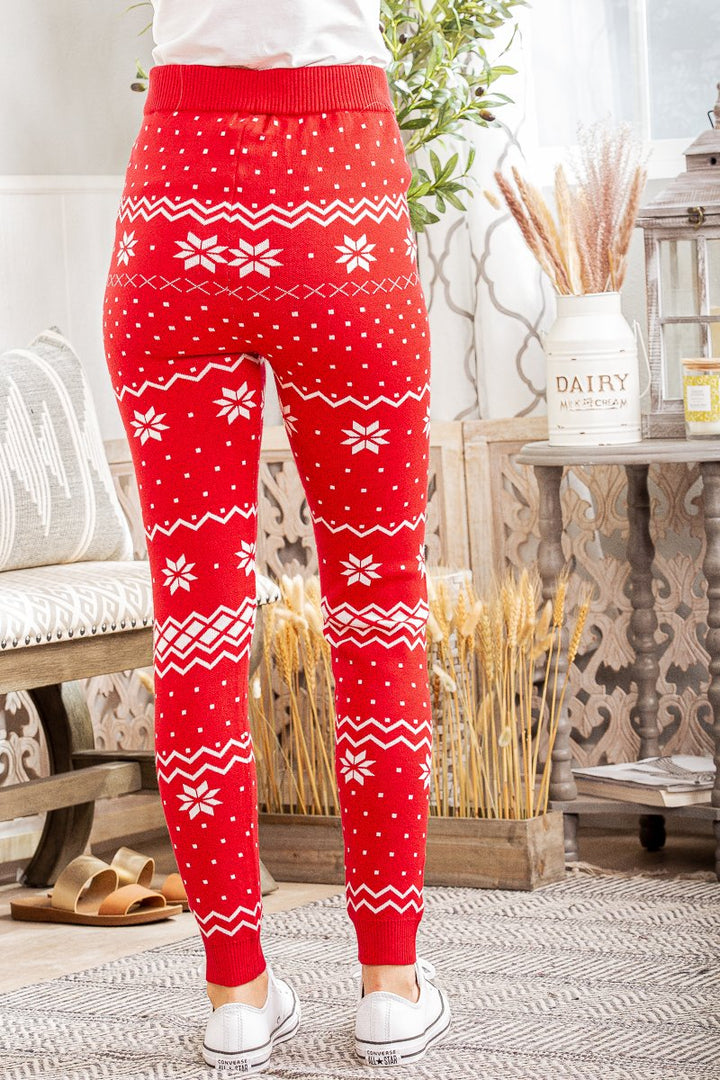 RED CHRISTMAS SNOWFLAKE PRINT KNIT PANTS WP1001L