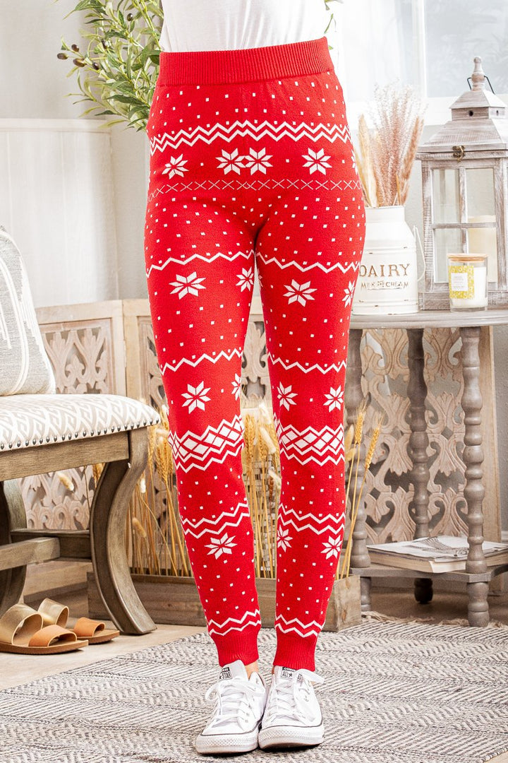 RED CHRISTMAS SNOWFLAKE PRINT KNIT PANTS WP1001L