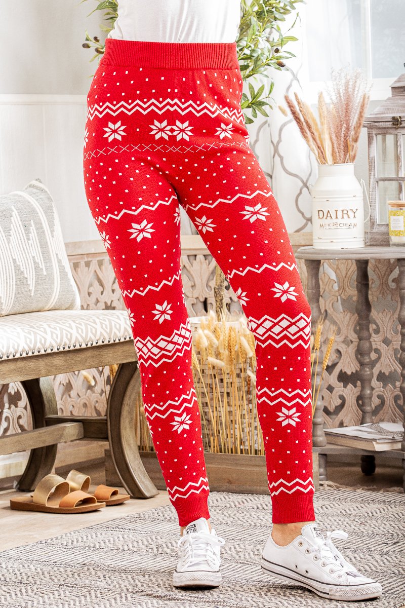 RED CHRISTMAS SNOWFLAKE PRINT KNIT PANTS WP1001L
