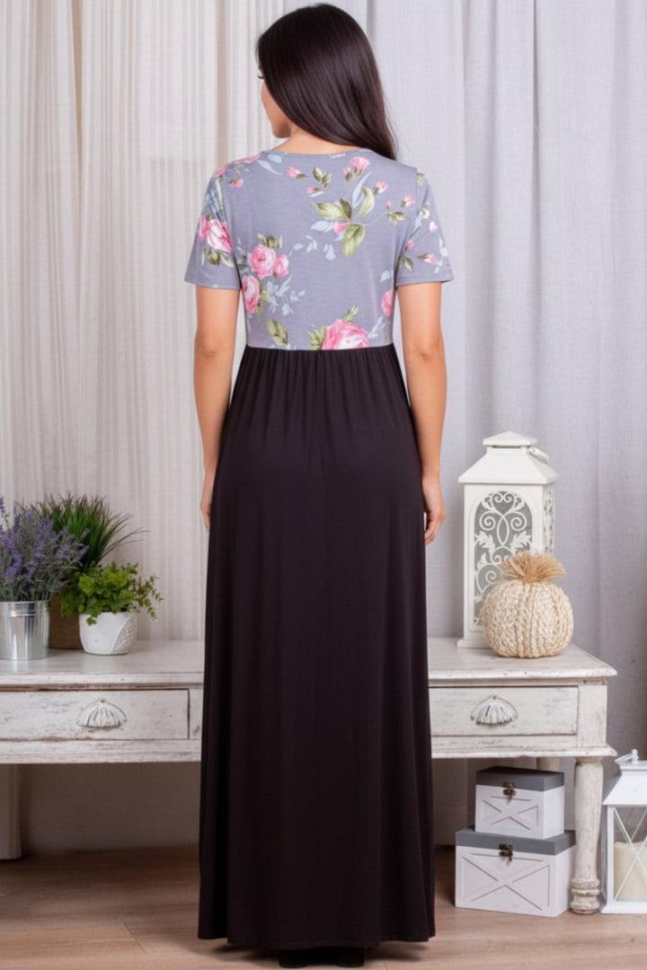 PLUS SIZE FLORAL PRINT AND SOLID CONTRAST MAXI DRESS*