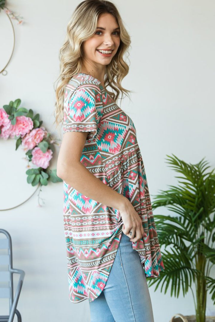 MULTICOLOR AZTEC PRINT SHORT SLEEVES BABYDOLL TUNIC TOP HMST1518-50