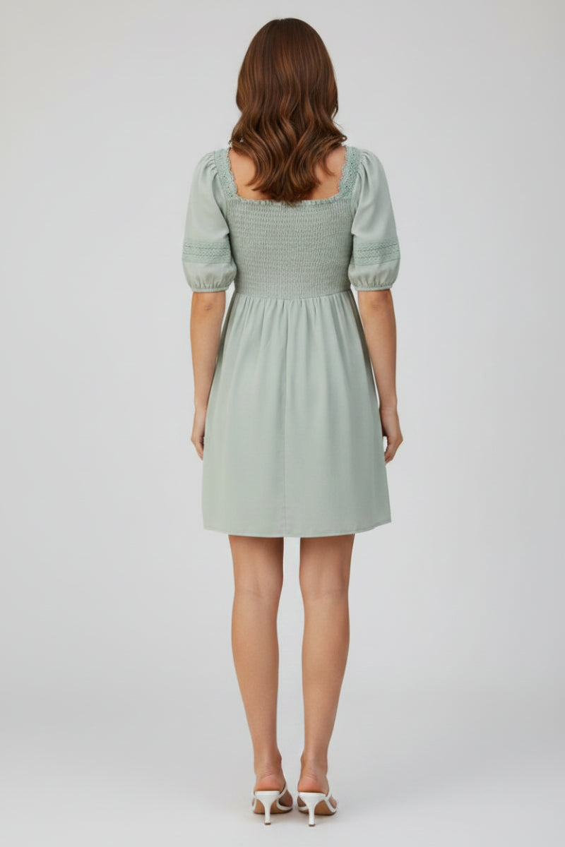 PUFF SLEEVE LACE TRIM SMOCKED MINI DRESS HMED1236F-RTS1
