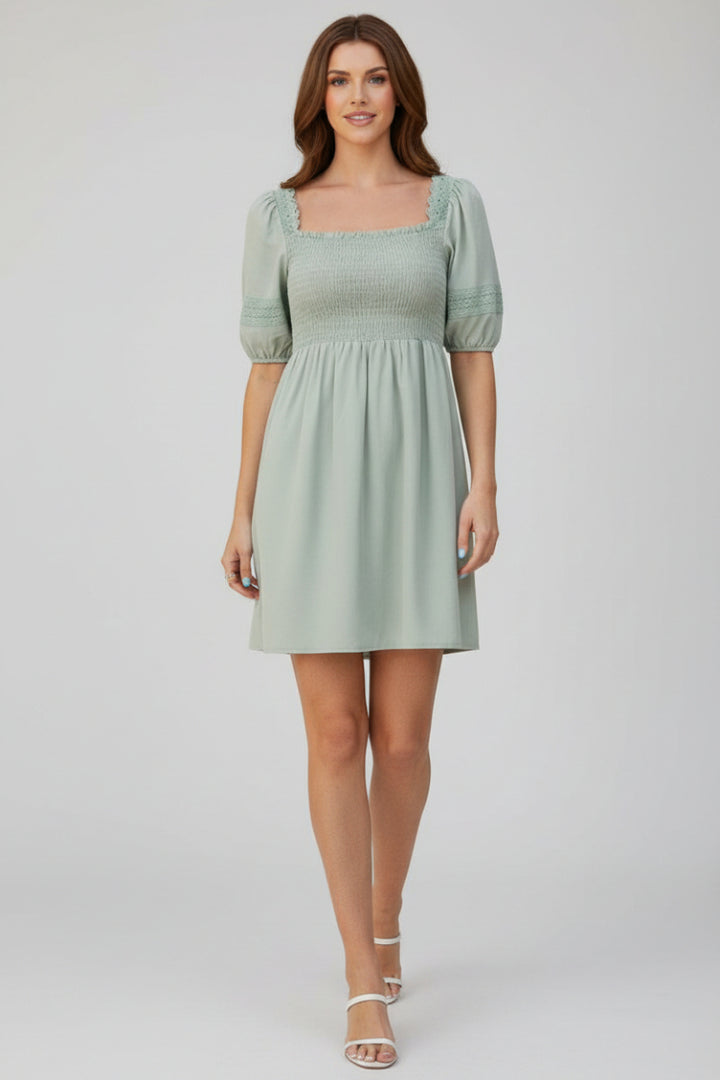 PUFF SLEEVE LACE TRIM SMOCKED MINI DRESS HMED1236F-RTS1