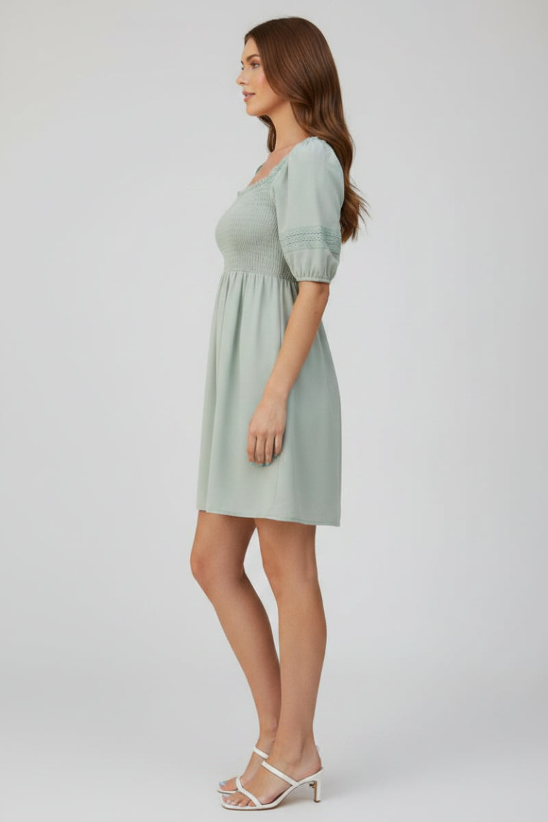PUFF SLEEVE LACE TRIM SMOCKED MINI DRESS HMED1236F-RTS1