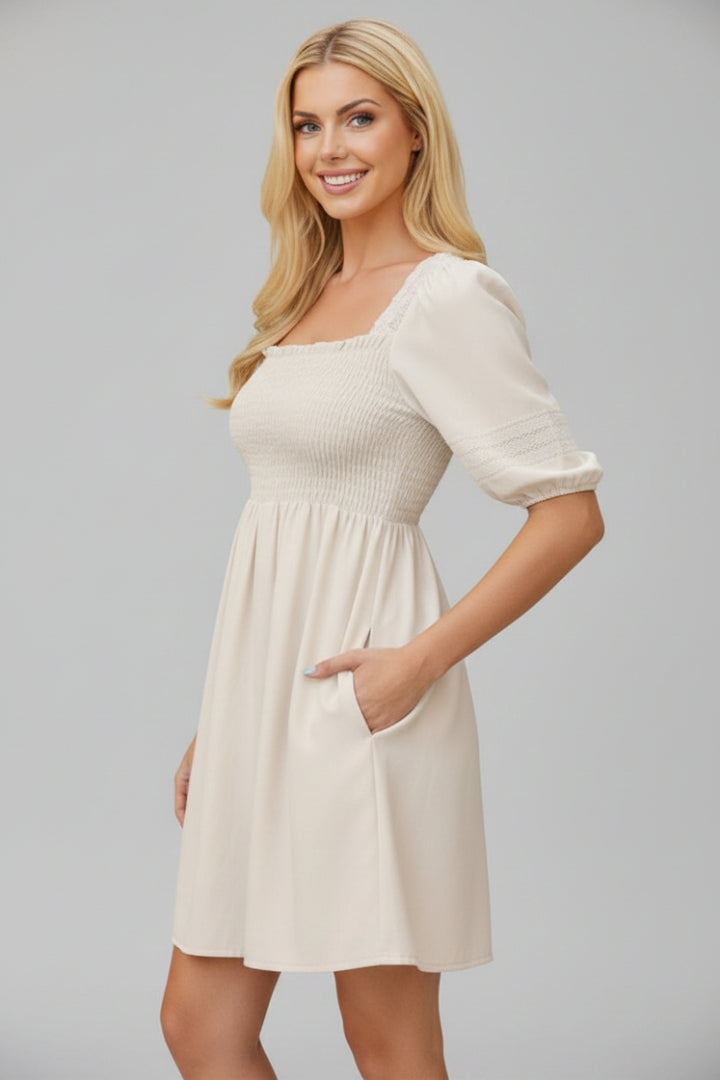 PLUS SIZE PUFF SLEEVE LACE TRIM SMOCKED MINI DRESS HMED1236F-RTS1