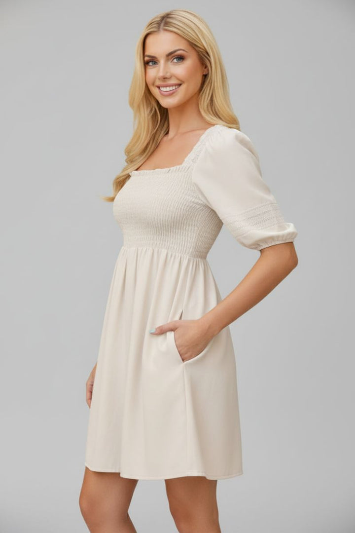 PUFF SLEEVE LACE TRIM SMOCKED MINI DRESS HMED1236F-RTS1