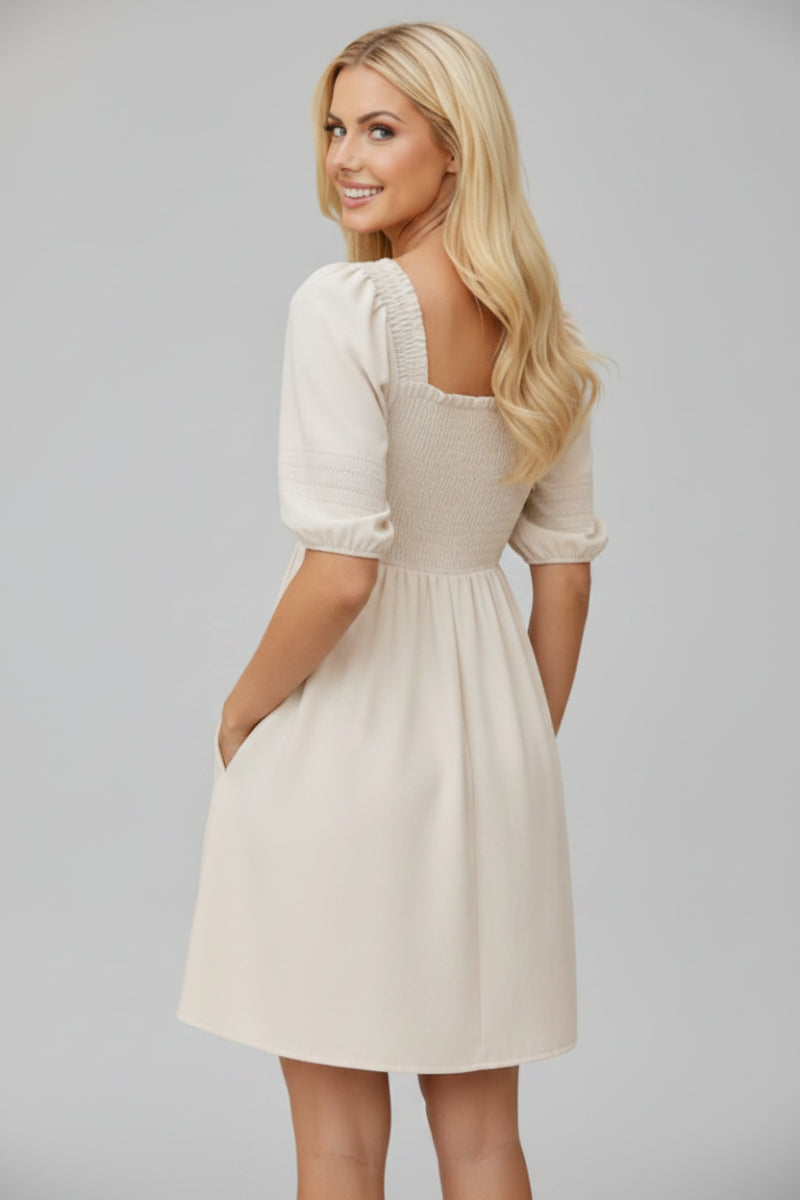 PUFF SLEEVE LACE TRIM SMOCKED MINI DRESS HMED1236F-RTS1
