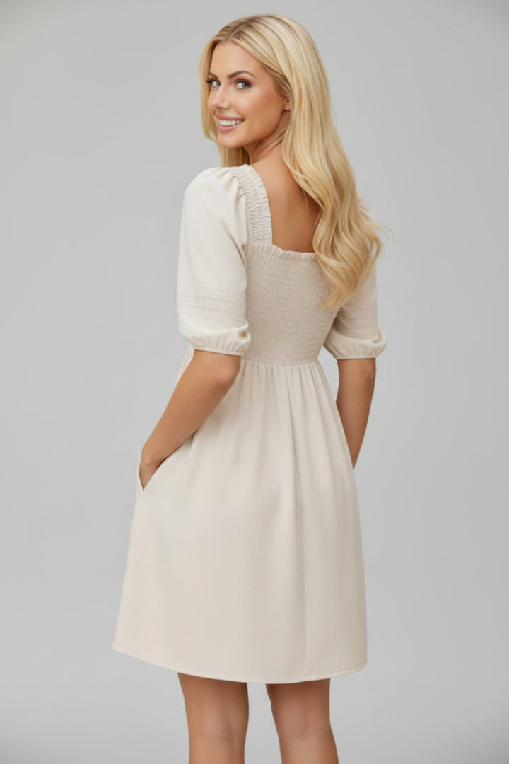 PUFF SLEEVE LACE TRIM SMOCKED MINI DRESS HMED1236F-RTS1