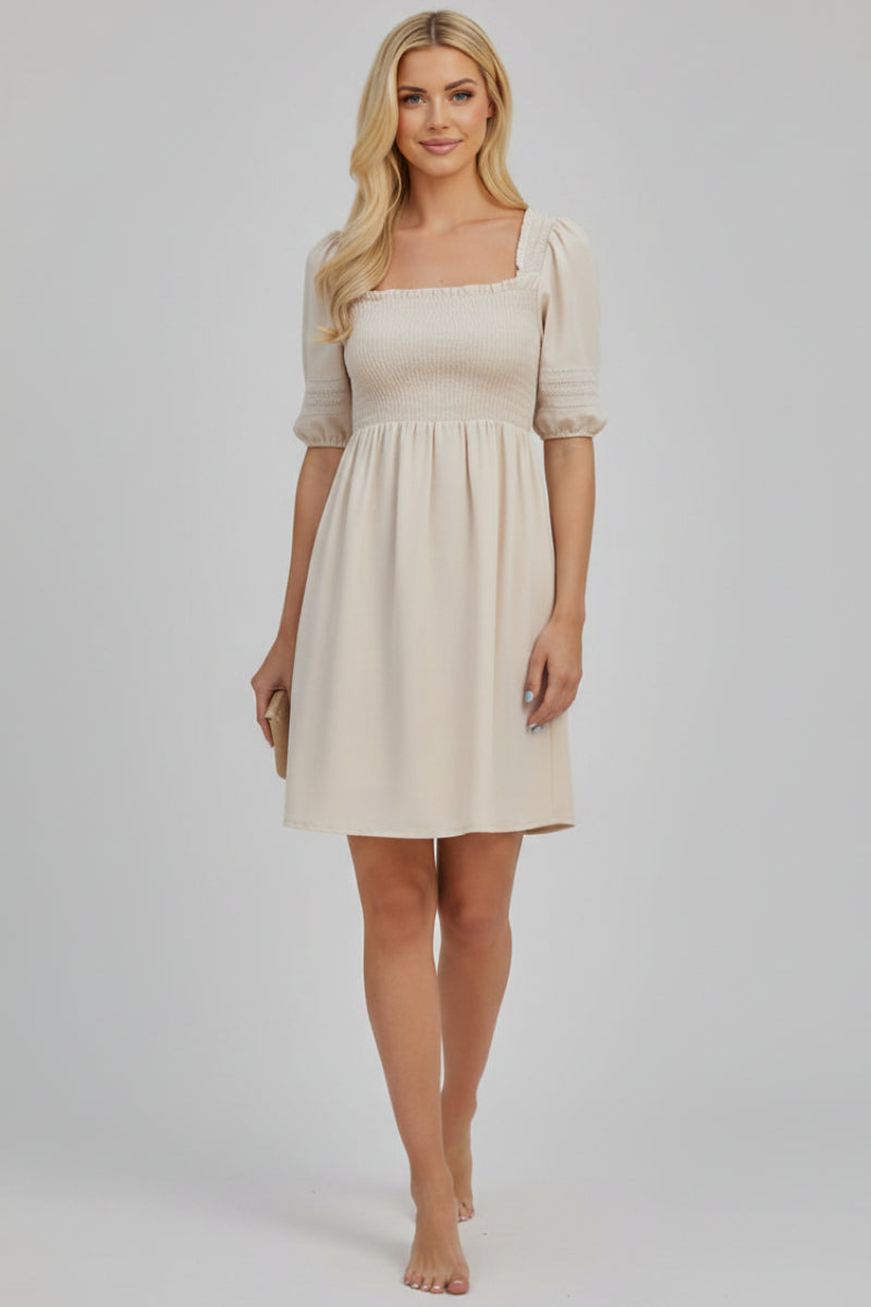 PUFF SLEEVE LACE TRIM SMOCKED MINI DRESS HMED1236F-RTS1