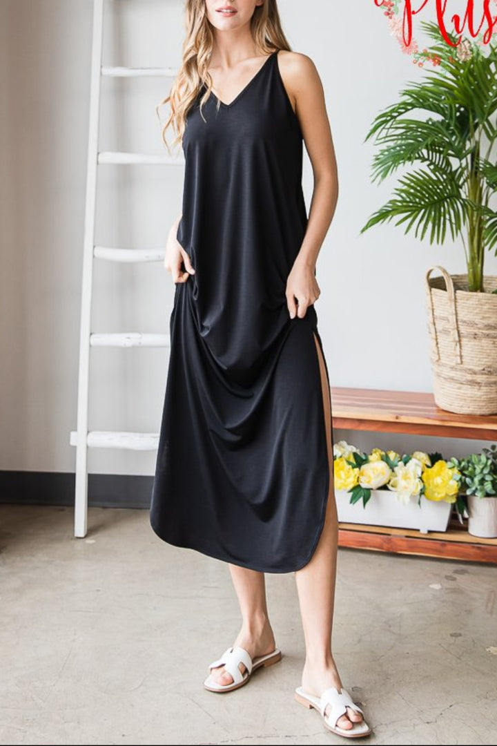 PLUS SIZE SLEEVELESS V NECK SOLID BULGARI MAXI DRESS*