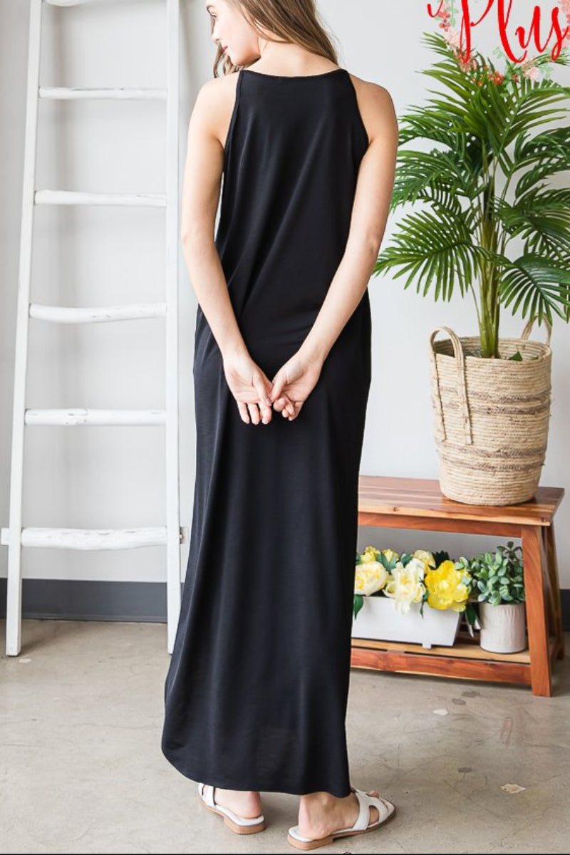 PLUS SIZE SLEEVELESS V NECK SOLID BULGARI MAXI DRESS*