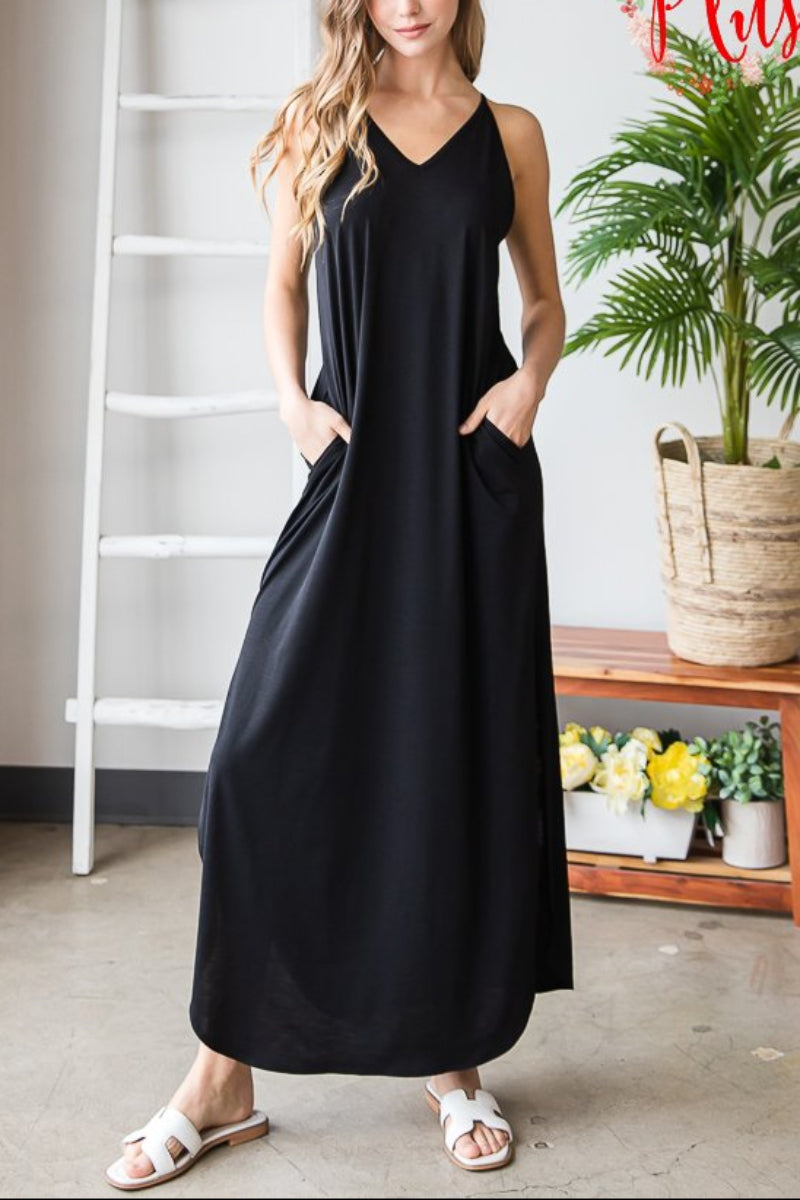 PLUS SIZE SLEEVELESS V NECK SOLID BULGARI MAXI DRESS*