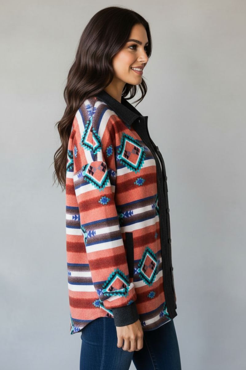 PLUS SIZE AZTECH PRINT BUTTON DOWN SHACKET TOP HMEJ6706