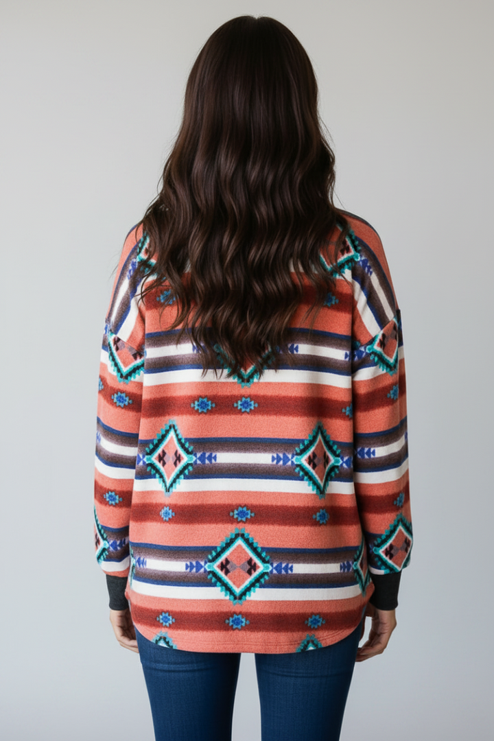 PLUS SIZE AZTECH PRINT BUTTON DOWN SHACKET TOP HMEJ6706