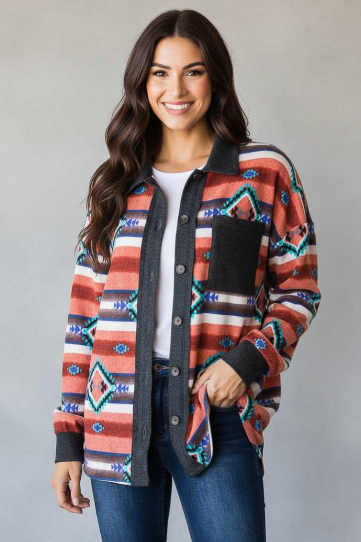 PLUS SIZE AZTECH PRINT BUTTON DOWN SHACKET TOP HMEJ6706