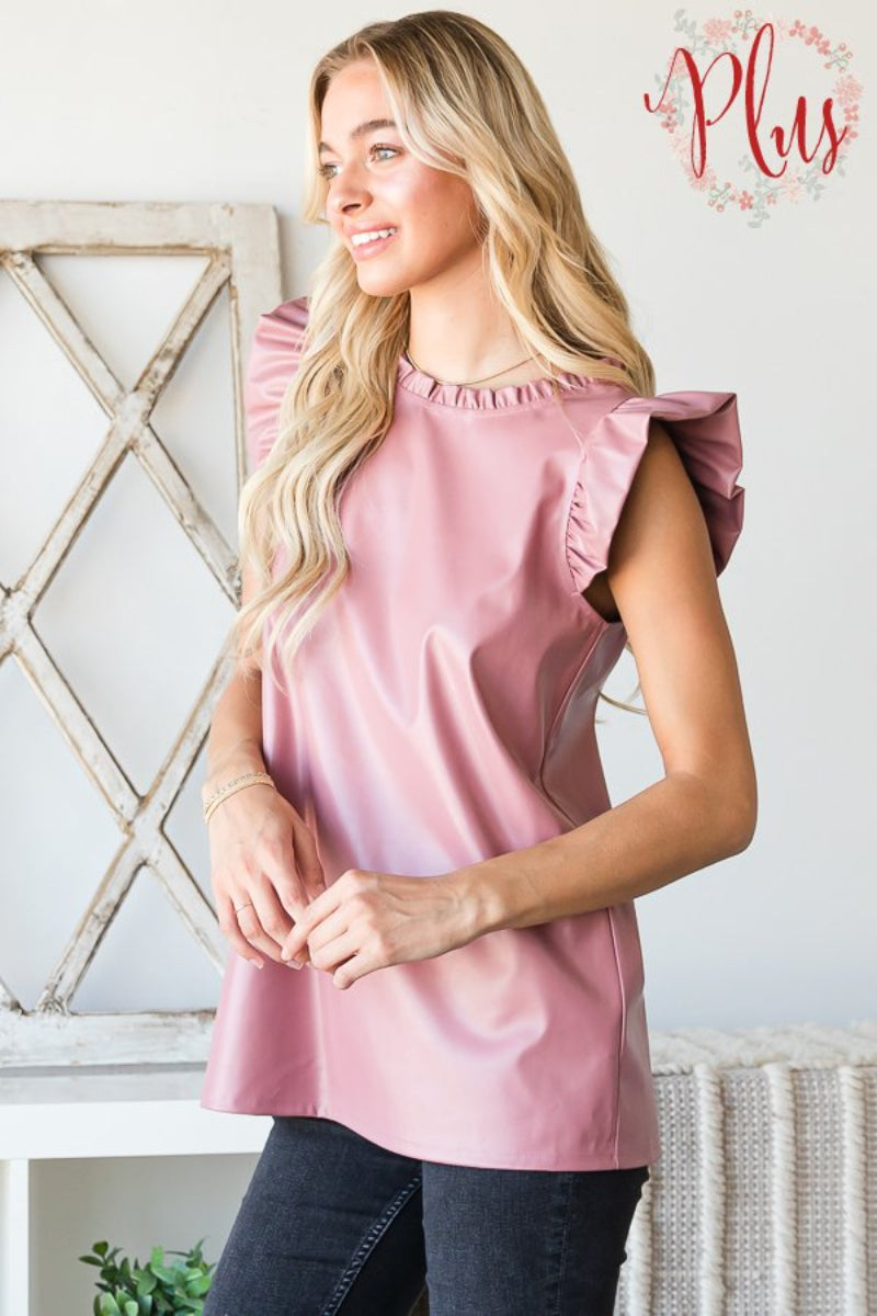 SLEEVELESS ROUND NECK FAUX LEATHER TOP