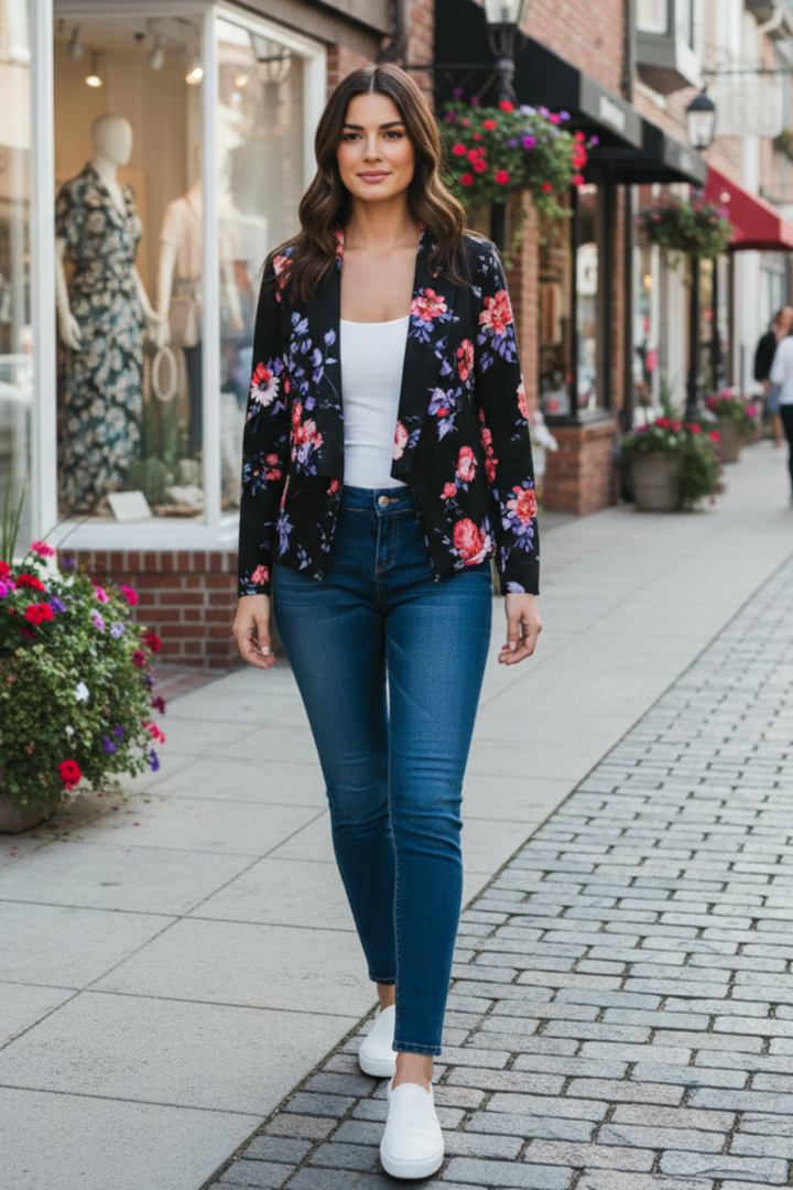 FLORAL PRINT OPEN FRONT BLAZER HMEJ6726