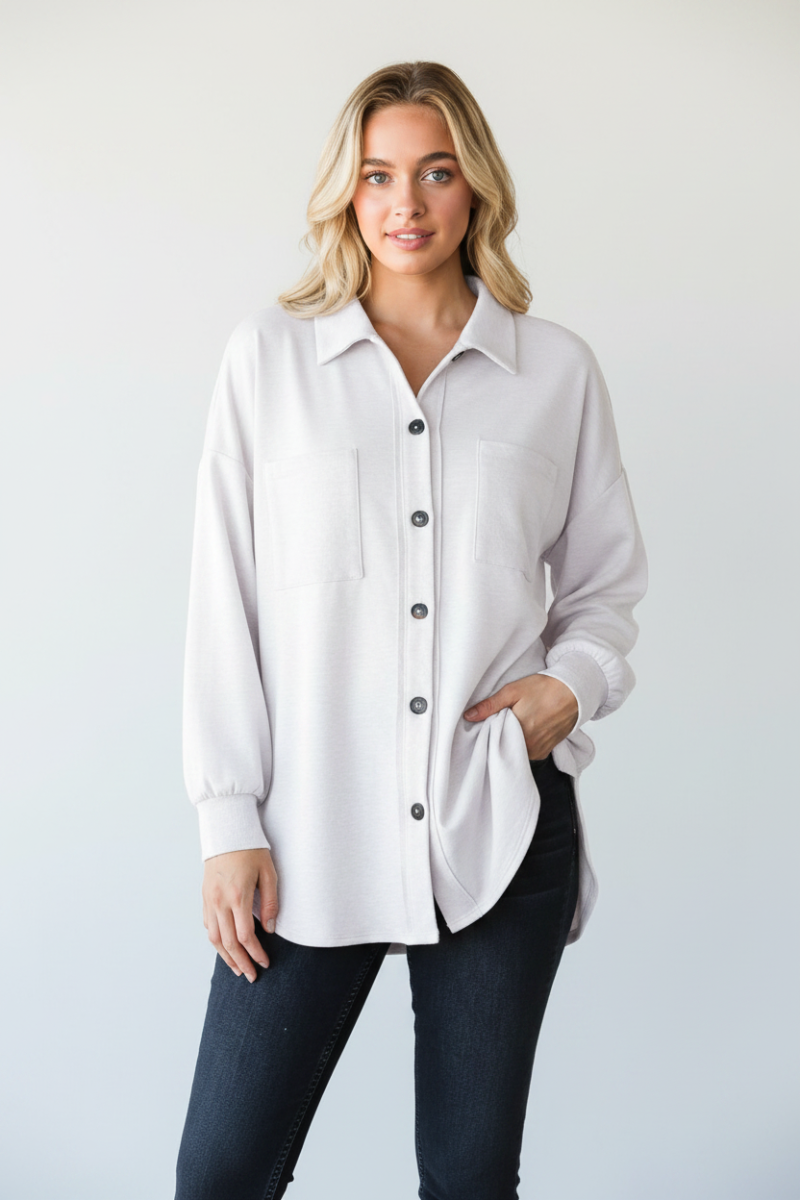 PLUS SIZE SOLID BUTTON DOWN SHACKET TOP HMEJ6733