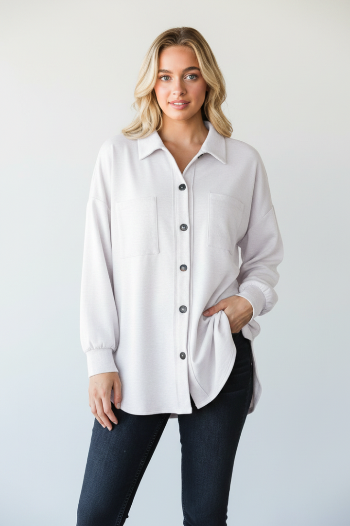 PLUS SIZE SOLID BUTTON DOWN SHACKET TOP HMEJ6733