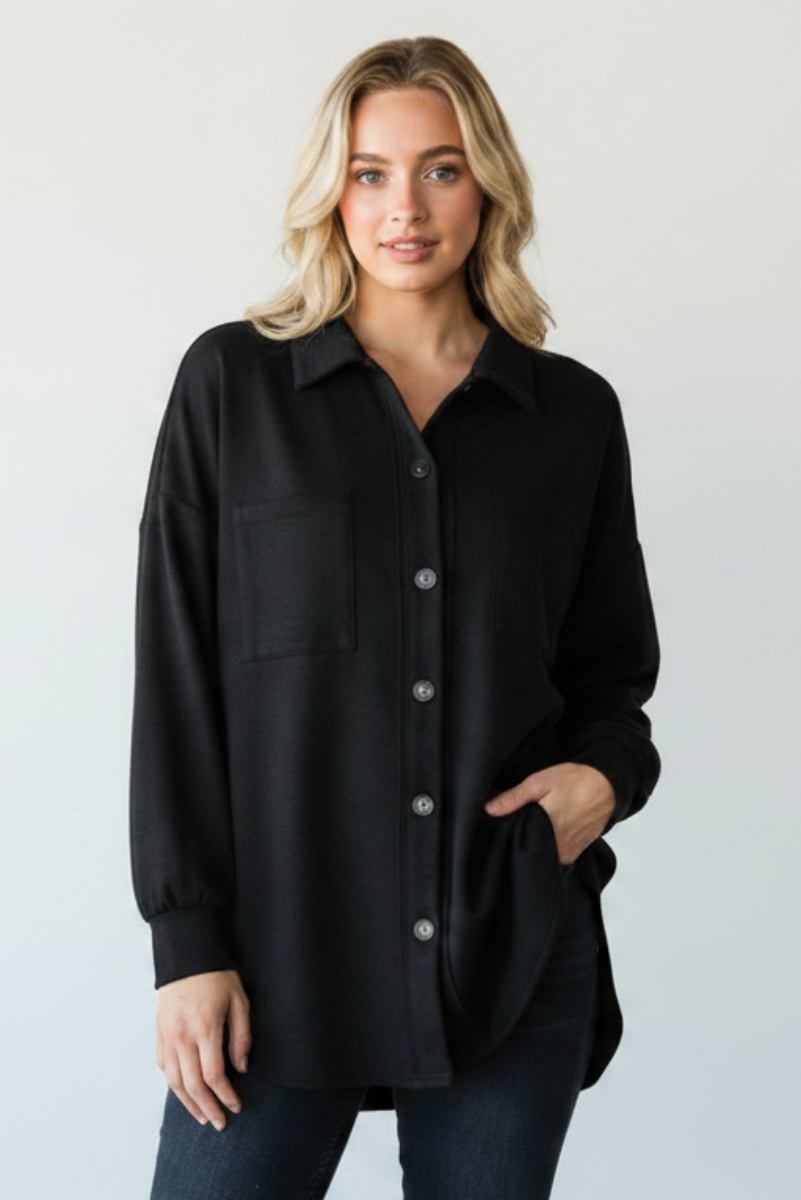 PLUS SIZE SOLID BUTTON DOWN SHACKET TOP HMEJ6733