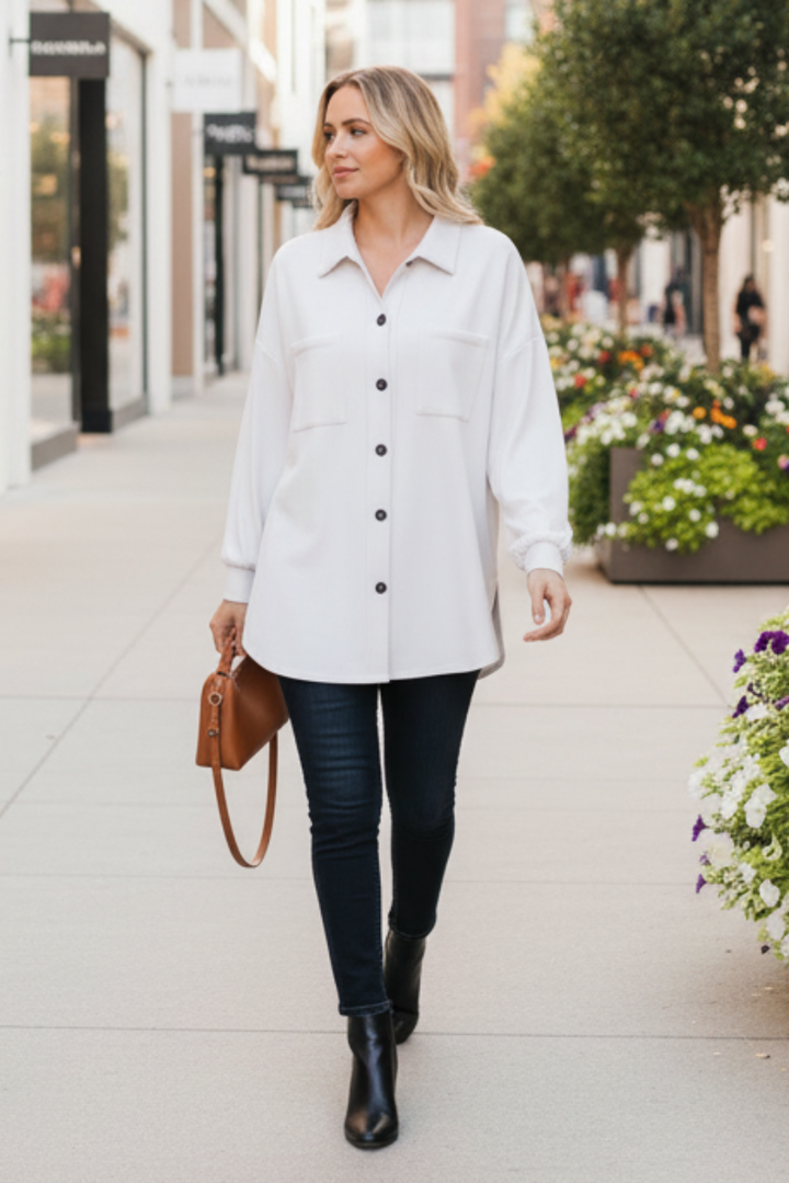 PLUS SIZE SOLID BUTTON DOWN SHACKET TOP HMEJ6733