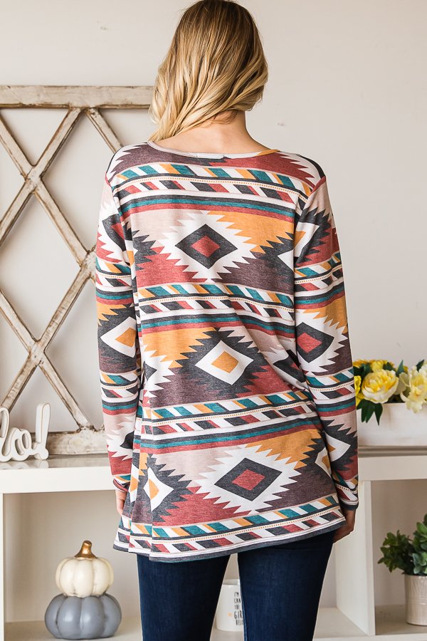 RUST MULTICOLOR AZTEC LONG SLEEVES  RUFFLED TOP
