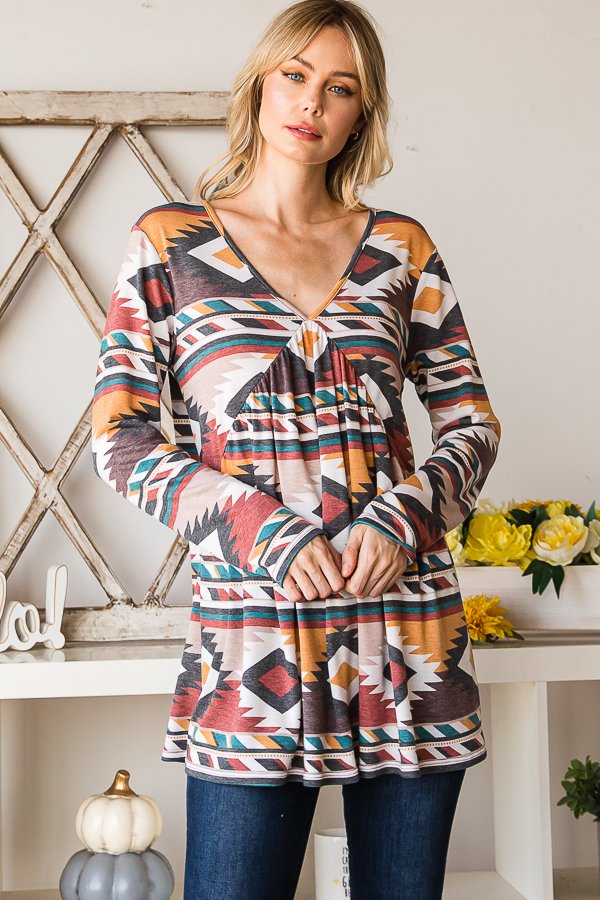 RUST MULTICOLOR AZTEC LONG SLEEVES  RUFFLED TOP