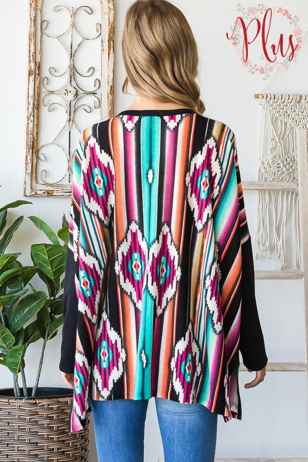 FUCHSIA AZTEC PRINT CONTRAST LONG SLEEVES PLUS SIZE TOP