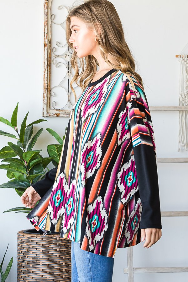 FUCHSIA AZTEC PRINT CONTRAST LONG SLEEVES TOP